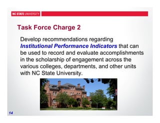 14
Task Force Charge 2
Develop recommendations regarding
Institutional Performance Indicators that can
be used to record and evaluate accomplishments
in the scholarship of engagement across the
various colleges, departments, and other units
with NC State University.
 