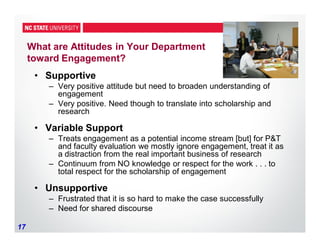 17
What are Attitudes in Your Department
toward Engagement?
• Supportive
– Very positive attitude but need to broaden understanding of
engagement
– Very positive. Need though to translate into scholarship and
research
• Variable Support
– Treats engagement as a potential income stream [but] for P&T
and faculty evaluation we mostly ignore engagement, treat it as
a distraction from the real important business of research
– Continuum from NO knowledge or respect for the work . . . to
total respect for the scholarship of engagement
• Unsupportive
– Frustrated that it is so hard to make the case successfully
– Need for shared discourse
 