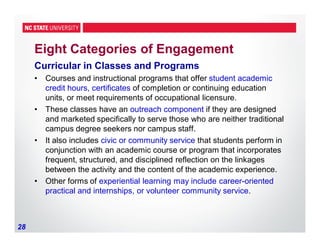 28
Eight Categories of Engagement
Curricular in Classes and Programs
• Courses and instructional programs that offer student academic
credit hours, certificates of completion or continuing education
units, or meet requirements of occupational licensure.
• These classes have an outreach component if they are designed
and marketed specifically to serve those who are neither traditional
campus degree seekers nor campus staff.
• It also includes civic or community service that students perform in
conjunction with an academic course or program that incorporates
frequent, structured, and disciplined reflection on the linkages
between the activity and the content of the academic experience.
• Other forms of experiential learning may include career-oriented
practical and internships, or volunteer community service.
 