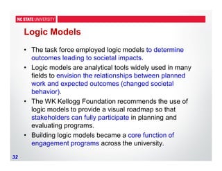 32
Logic Models
• The task force employed logic models to determine
outcomes leading to societal impacts.
• Logic models are analytical tools widely used in many
fields to envision the relationships between planned
work and expected outcomes (changed societal
behavior).
• The WK Kellogg Foundation recommends the use of
logic models to provide a visual roadmap so that
stakeholders can fully participate in planning and
evaluating programs.
• Building logic models became a core function of
engagement programs across the university.
 
