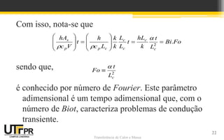 Transferência de Calor e Massa
Com isso, nota-se que
sendo que,
é conhecido por número de Fourier. Este parâmetro
adimensional é um tempo adimensional que, com o
número de Biot, caracteriza problemas de condução
transiente.
Fo
.
Bi
L
t
k
hL
t
L
L
k
k
L
c
h
t
V
c
hA
c
c
c
c
c
p
p
s



















2



2
c
L
t
Fo


22
 
