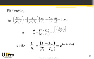 Transferência de Calor e Massa
Finalmente,
se
e
então
 
 
 
Fo
.
Bi
i
i
e
T
T
T
T 








23
 
 























t
V
p
c
s
hA
i
i
e
T
T
T
T 


Fo
.
Bi
L
t
k
hL
t
L
L
k
k
L
c
h
t
V
c
hA
c
c
c
c
c
p
p
s



















2



 