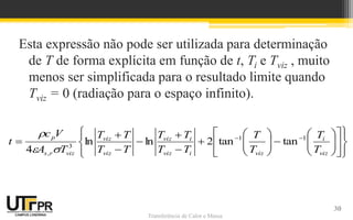 Transferência de Calor e Massa
Esta expressão não pode ser utilizada para determinação
de T de forma explícita em função de t, Ti e Tviz , muito
menos ser simplificada para o resultado limite quando
Tviz = 0 (radiação para o espaço infinito).
30







































 

viz
i
viz
i
viz
i
viz
viz
viz
viz
r
s
p
T
T
T
T
T
T
T
T
T
T
T
T
T
A
V
c
t 1
1
3
,
tan
tan
2
ln
ln
4 


 