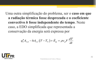 Transferência de Calor e Massa
Uma outra simplificação do problema, ser o caso em que
a radiação térmica fosse desprezada e o coeficiente
convectivo h fosse independente do tempo. Neste
caso, a EDO simplificada que representada a
conservação da energia será expressa por
 
s s,a s,c g p
dT
q A hA T T E c V
dt


    
32
 