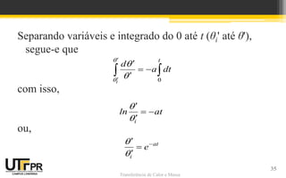 Transferência de Calor e Massa
Separando variáveis e integrado do 0 até t (θi' até θ'),
segue-e que
com isso,
ou,
0
i
t
d
a dt







 

 
i
ln at



 

at
i
e






35
 