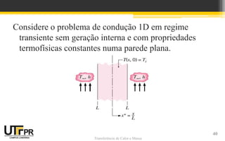 Transferência de Calor e Massa
Considere o problema de condução 1D em regime
transiente sem geração interna e com propriedades
termofísicas constantes numa parede plana.
40
 