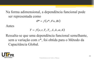 Transferência de Calor e Massa
Na forma adimensional, a dependência funcional pode
ser representada como
Antes
Ressalta-se que uma dependência funcional semelhante,
sem a variação com x*, foi obtida para o Método da
Capacitância Global.
 
Bi
Fo
x
f ,
*,
* 

44
 
h
k
L
T
T
t
x
f
T i ,
,
,
,
,
,
, 


 