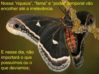 Nossa “riqueza”, “fama” e “poder” temporal vão
encolher até a irrelevância.
E nesse dia, não
importará o que
possuímos ou o
que devíamos;
 