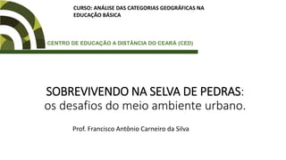 SOBREVIVENDO NA SELVA DE PEDRAS:
os desafios do meio ambiente urbano.
Prof. Francisco Antônio Carneiro da Silva
CURSO: ANÁLISE DAS CATEGORIAS GEOGRÁFICAS NA
EDUCAÇÃO BÁSICA
CENTRO DE EDUCAÇÃO A DISTÂNCIA DO CEARÁ (CED)
 