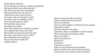 Minha idéia tá clareando.
Eu fico atacado, mó neurose, o tempo tá esgotando.
Não quero admitir, meus olhos vão abrir.
Vou chorar, vou sorrir, vou me despedir.
Não quero admitir que sou mais um.
Infelizmente é assim, aqui é comum.
Um corpo a mais no necrotério, é sério.
Um preto a mais no cemitério, é sério.
Eu tô me vendo agora e é difícil.
Minha família, meus manos.
No centro um crucifixo.
Meus filhos olhando sem entender o porquê.
Se eu pudesse falar talvez iriam saber.
Não acredito que esse mano veio até aqui!
Me matou, quer certeza e quer conferir.
Me acompanham até a sepultura.
Vejo um tumulto no caixão. Hã!
E alguém segura!
Mais uma mãe que não se conforma.
Perder um filho dessa forma é foda!
Quem se conforma?
Como eu podia imaginar no velório de outras pessoas.
Hoje estou no lugar.
No buraco desce o meu caixão.
Jogam terra, flores, se despedem na última oração.
Tão me chamando, meu tempo acabou.
Não sei pra onde ir!
Não sei pra onde vou!
Qual que é?
Qual que é?
O quê que eu vou ser?
Talvez um anjo de guarda pra te proteger
Não sou o último nem muito menos o primeiro
A lei da selva é uma merda e você é o herdeiro!
 