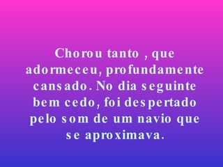Chorou tanto , que adormeceu, profundamente cansado. No dia seguinte bem cedo, foi despertado pelo som de um navio que se aproximava. 