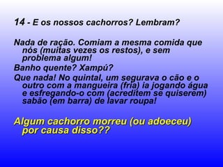14  - E os nossos cachorros? Lembram? Nada de ração. Comiam a mesma comida que nós (muitas vezes os restos), e sem problema algum! Banho quente? Xampú? Que nada! No quintal, um segurava o cão e o outro com a mangueira (fria) ia jogando água e esfregando-o com (acreditem se quiserem) sabão (em barra) de lavar roupa! Algum cachorro morreu (ou adoeceu) por causa disso?? 