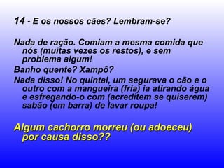 14  - E os nossos cães? Lembram-se? Nada de ração. Comiam a mesma comida que nós (muitas vezes os restos), e sem problema algum! Banho quente? Xampô? Nada disso! No quintal, um segurava o cão e o outro com a mangueira (fria) ia atirando água e esfregando-o com (acreditem se quiserem) sabão (em barra) de lavar roupa! Algum cachorro morreu (ou adoeceu) por causa disso?? 