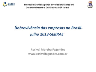 Sobrevivência das empresas no Brasil-
julho 2013-SEBRAE
Rosival Moreira Fagundes
www.rosivalfagundes.com.br
Mestrado Multidisciplinar e Profissionalizante em
Desenvolvimento e Gestão Social-5ª turma
 