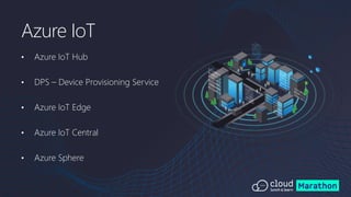 • Azure IoT Hub
• DPS – Device Provisioning Service
• Azure IoT Edge
• Azure IoT Central
• Azure Sphere
Azure IoT
 