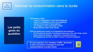 Plan
Sobriété Maitriser la consommation dans la durée
Les petits
geste du
quotidien
• Petit gestes à éviter
• Laisser le réfrigérateur ouvert trop longtemps
• Laisser le congélateur ouvert trop longtemps
• Laisser le four ouvert trop longtemps
• Les mitigeurs d’eau en position chaude
• Ne pas laisser couler l’eau chaude
• Point de repère pour savoir si un équipement est énergivore
• S’il est chaud au touché, il consomme beaucoup ( four, lave linge, sèche-
linge, lisseur de cheveux , ampoules a incandescence etc..
• Si l’équipement est froid ou tiède c’est qu’il est peut énergivore
• Si vous disposer d’un compteur LYNKI , demander
à votre fournisseur d’énergie le suivi des
consommations à la demi heure
 