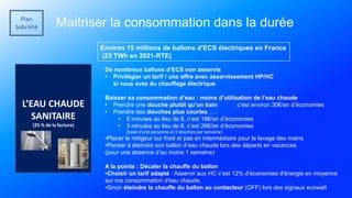 Plan
Sobriété Maitriser la consommation dans la durée
L’EAU CHAUDE
SANITAIRE
(25 % de la facture)
De nombreux ballons d’ECS non asservis
• Privilégier un tarif / une offre avec asservissement HP/HC
si vous avez du chauffage électrique
Baisser sa consommation d’eau : moins d’utilisation de l’eau chaude
• Prendre une douche plutôt qu’un bain c’est environ 30€/an d’économies
• Prendre des douches plus courtes …:
• 5 minutes au lieu de 8, c’est 16€/an d’économies
• 3 minutes au lieu de 8, c’est 26€/an d’économies
(base d’une personne et 3 douches par semaine)
•Placer le mitigeur sur froid et pas en intermédiaire pour le lavage des mains
•Penser à éteindre son ballon d’eau chaude lors des départs en vacances
(pour une absence d’au moins 1 semaine)
A la pointe : Décaler la chauffe du ballon
•Choisir un tarif adapté : Asservir aux HC c’est 12% d’économies d'énergie en moyenne
sur ma consommation d'eau chaude,
•Sinon éteindre la chauffe du ballon au contacteur (OFF) lors des signaux ecowatt
Environ 15 millions de ballons d’ECS électriques en France
(23 TWh en 2021-RTE)
 