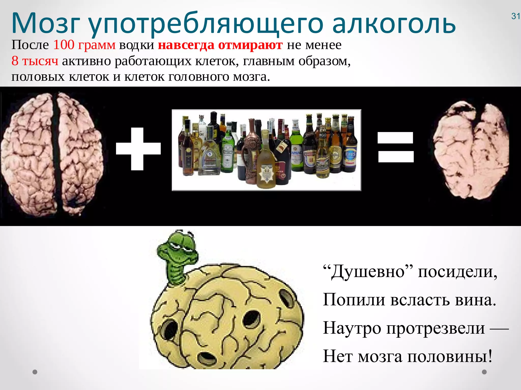 Мозгграмм водки навсегда отмирают не менее
После 100
          употребляющего алкоголь                                    31




8 тысяч активно работающих клеток, главным образом,
половых клеток и клеток головного мозга.




                                              “Душевно” посидели,
                                              Попили всласть вина.
                                              Наутро протрезвели —
                                              Нет мозга половины!
 