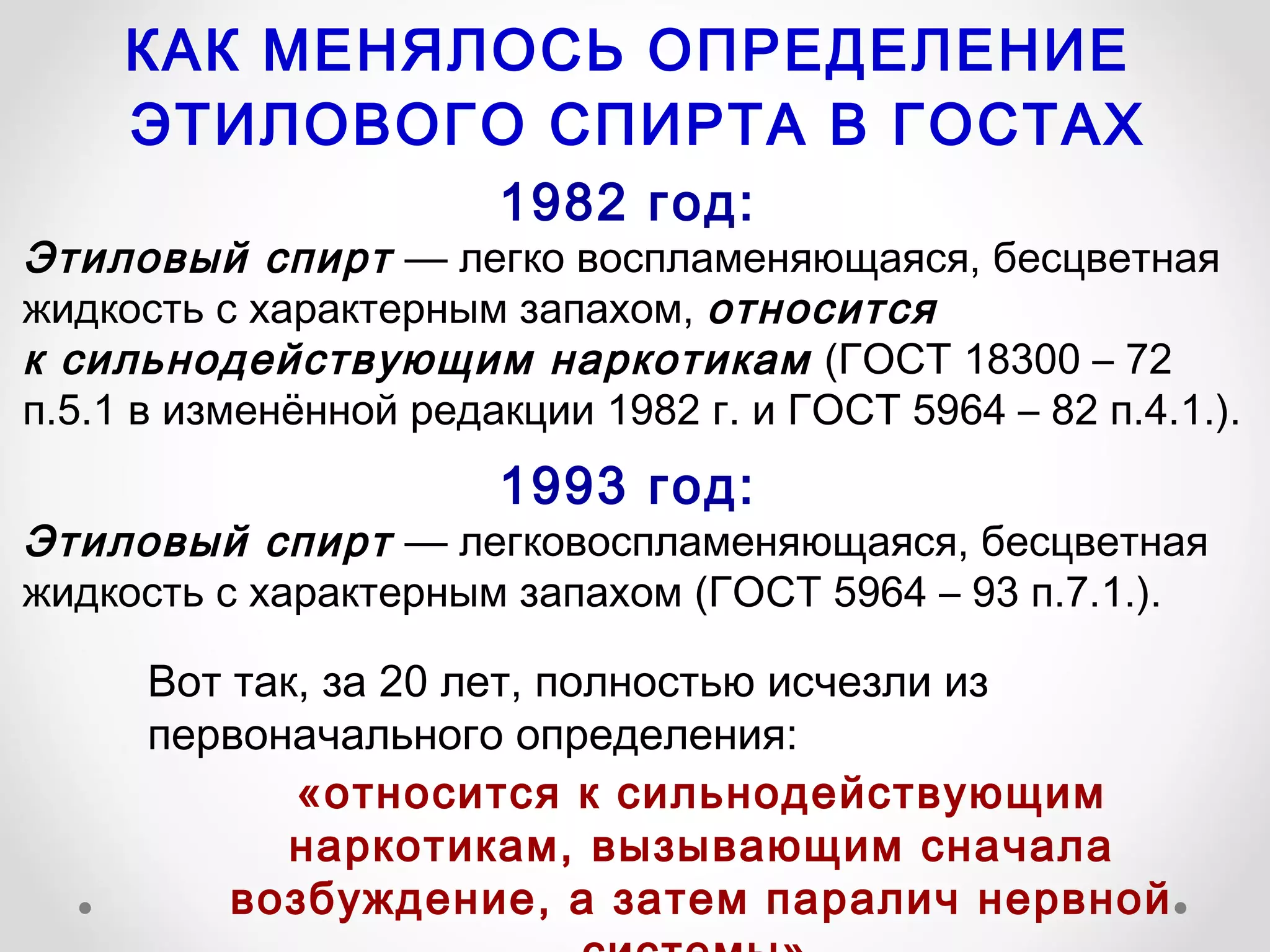 КАК МЕНЯЛОСЬ ОПРЕДЕЛЕНИЕ
     ЭТИЛОВОГО СПИРТА В ГОСТАХ
                       1982 год:
Этиловый спирт — легко воспламеняющаяся, бесцветная
жидкость с характерным запахом, относится
к сильнодействующим наркотикам (ГОСТ 18300 – 72
п.5.1 в изменённой редакции 1982 г. и ГОСТ 5964 – 82 п.4.1.).
                       1993 год:
Этиловый спирт — легковоспламеняющаяся, бесцветная
жидкость с характерным запахом (ГОСТ 5964 – 93 п.7.1.).

      Вот так, за 20 лет, полностью исчезли из
      первоначального определения:
             «относится к сильнодействующим
             наркотикам, вызывающим сначала
          возбуждение, а затем паралич нервной
 