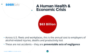 Copyright © SOBRSafe, Inc. All rights reserved.
A Human Health &
Economic Crisis
$63 Billion
• Across U.S. fleets and workplaces, this is the annual cost to employers of
alcohol-related injuries, deaths and productivity lost
• These are not accidents – they are preventable acts of negligence
3
 