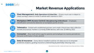 Copyright © SOBRSafe, Inc. All rights reserved.
Market Revenue Applications
Workplace (WP) Access Control: Manufacturing & Warehouse – Employee
identification and alcohol detection at workplace points of entry
Fleet Management: Daily Operations & School Bus – Drivers must scan in-depot to
check out keys; intent to move in-vehicle with interlock in 2021
(Assumed priority order; market will dictate across these and those to follow)
8
Telematics – Embed with established partners and create critical mass data collection
funnels (insurance); market is currently 8 MM devices, with over 20 MM by 2022
Consumer – Blue tooth phone app for parents and employers to receive periodic/on-
demand confirmation of zero alcohol
Data & Insurance – Every device installed could be rich data source to empower
predictive analytics, guiding insurance underwriting & potentially reducing costs
 