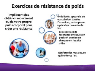 Exercices de résistance de poids
Impliquent des
objets en mouvement
ou de votre propre
poids corporel pour
créer une résistance
Renforce les muscles, ce
qui renforce l'os
Les exercices de
résistance effectués en
position de mise en
charge sont les plus
utiles
Poids libres, appareils de
musculation, bandes
d'exercices, push-ups sur
le plancher ou contre le
mur
 