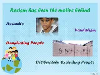 Racism has been the motive behind
Assaults
Vandalism
Humiliating People
Deliberately Excluding People
 