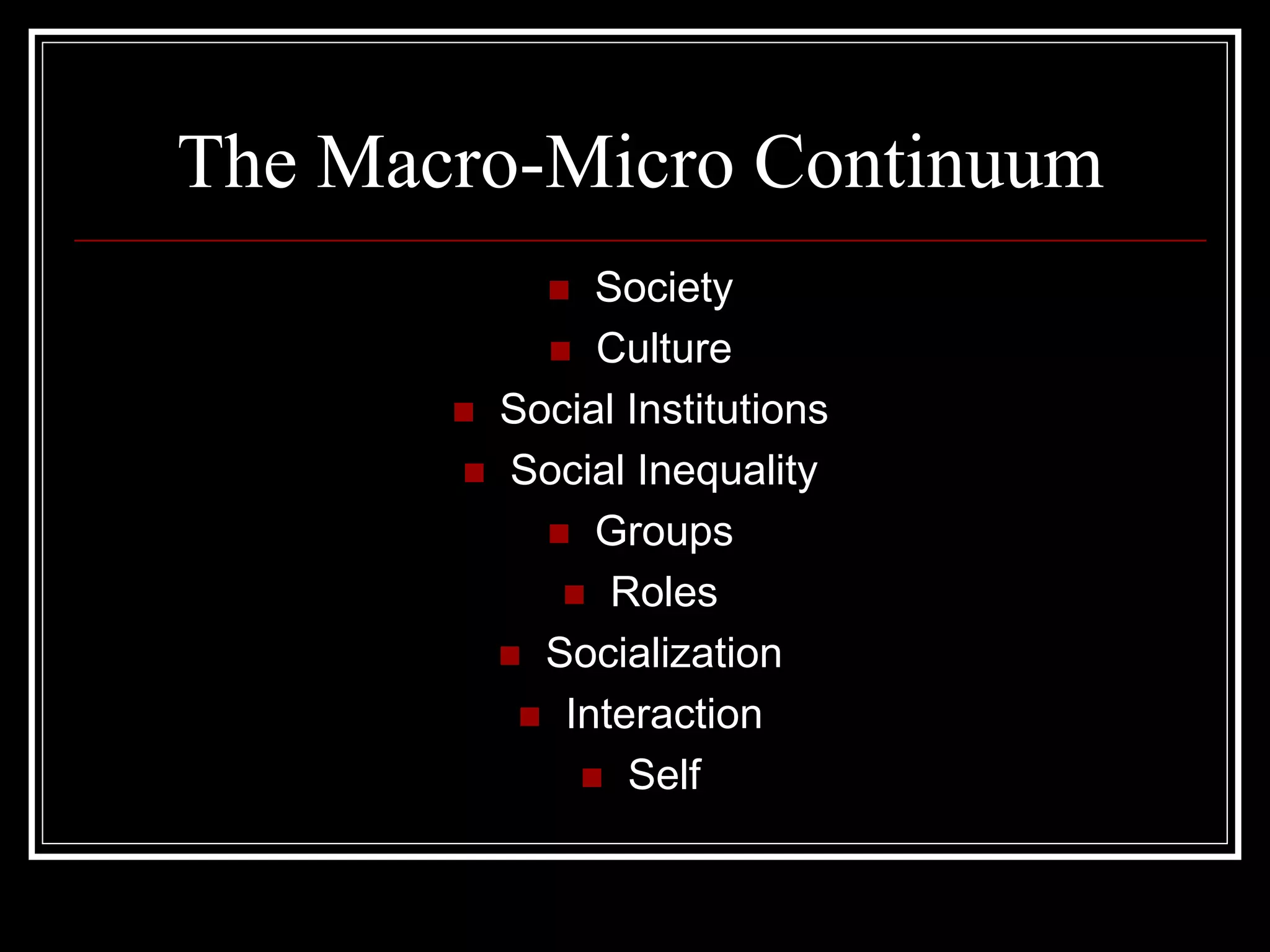 The Macro-Micro Continuum
             Society
            Culture
        Social Institutions
        Social Inequality
            Groups
             Roles
          Socialization
           Interaction
              Self
 