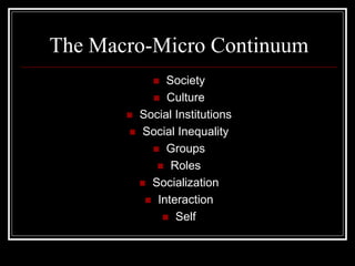 The Macro-Micro Continuum
             Society
            Culture
        Social Institutions
        Social Inequality
            Groups
             Roles
          Socialization
           Interaction
              Self
 