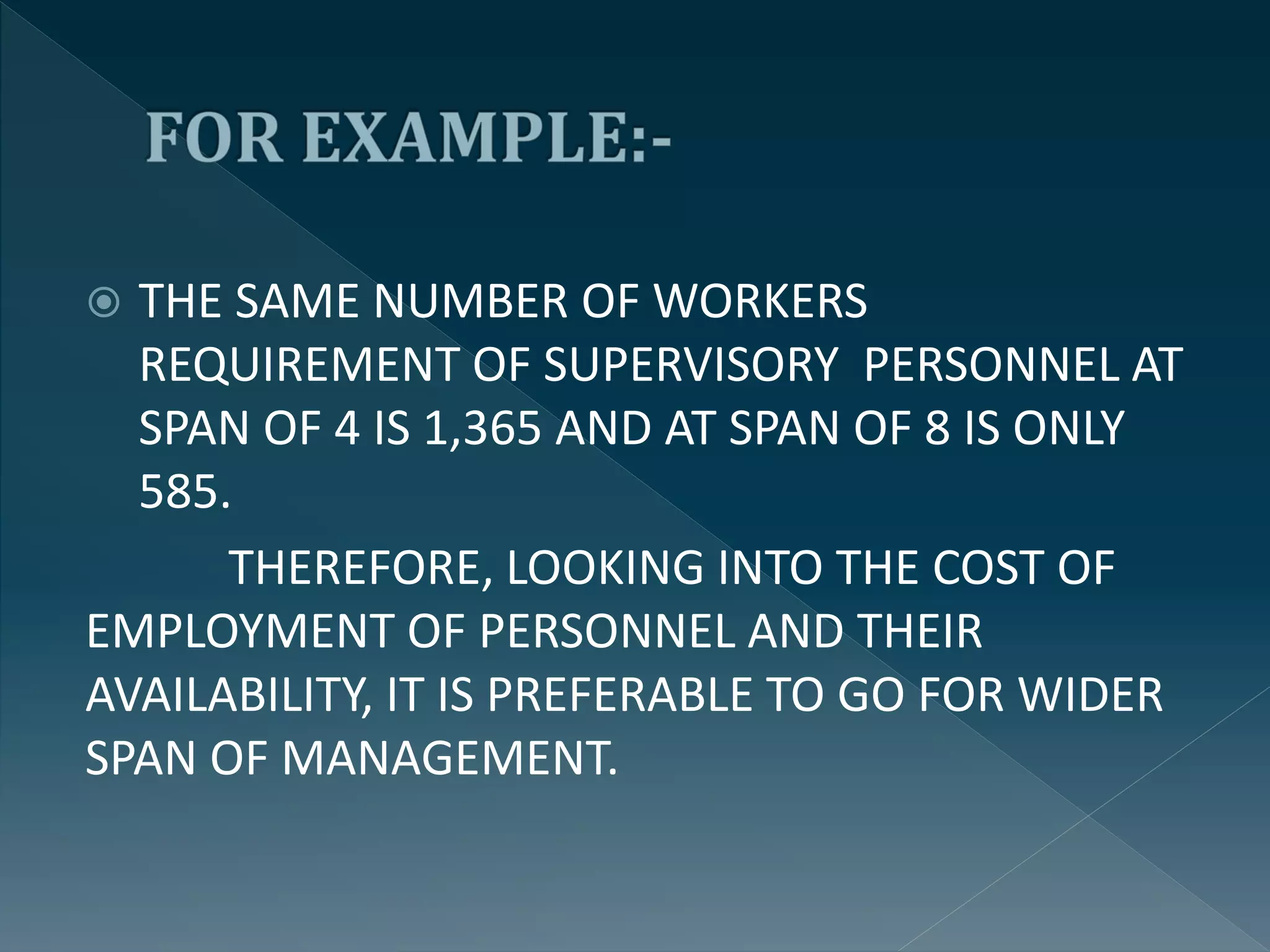  THE SAME NUMBER OF WORKERS
REQUIREMENT OF SUPERVISORY PERSONNEL AT
SPAN OF 4 IS 1,365 AND AT SPAN OF 8 IS ONLY
585.
THEREFORE, LOOKING INTO THE COST OF
EMPLOYMENT OF PERSONNEL AND THEIR
AVAILABILITY, IT IS PREFERABLE TO GO FOR WIDER
SPAN OF MANAGEMENT.
 
