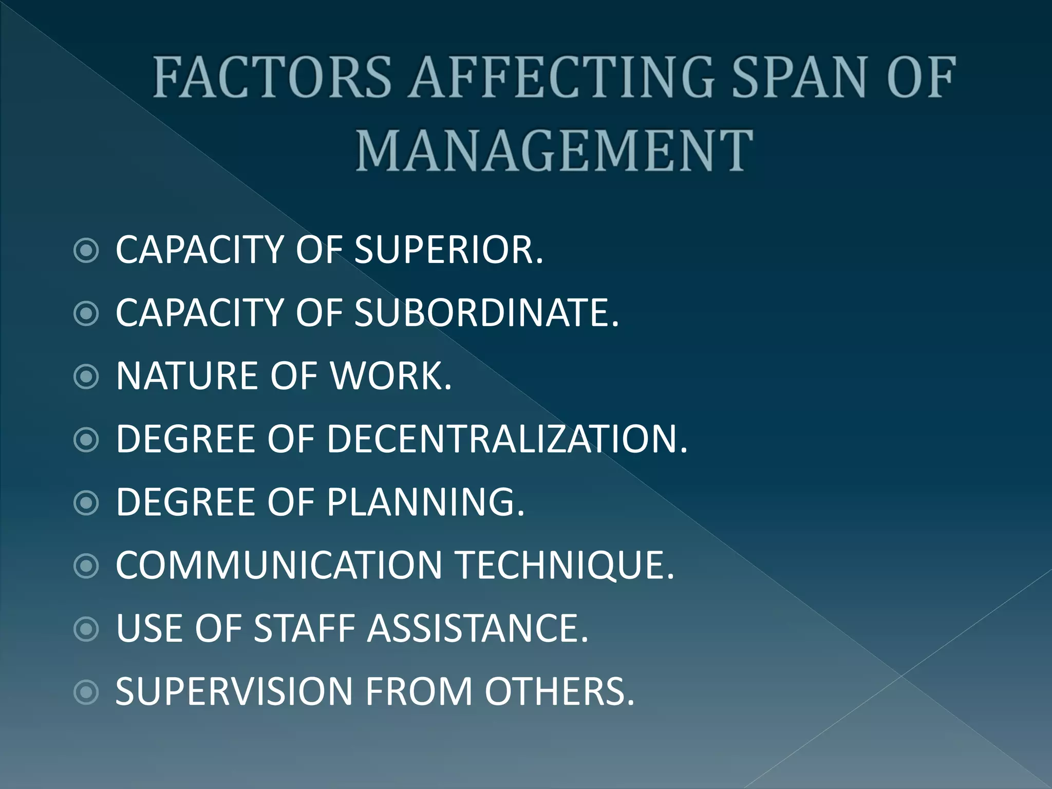  CAPACITY OF SUPERIOR.
 CAPACITY OF SUBORDINATE.
 NATURE OF WORK.
 DEGREE OF DECENTRALIZATION.
 DEGREE OF PLANNING.
 COMMUNICATION TECHNIQUE.
 USE OF STAFF ASSISTANCE.
 SUPERVISION FROM OTHERS.
 