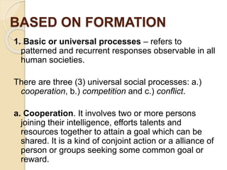 BASED ON FORMATION 
1. Basic or universal processes – refers to 
patterned and recurrent responses observable in all 
human societies. 
There are three (3) universal social processes: a.) 
cooperation, b.) competition and c.) conflict. 
a. Cooperation. It involves two or more persons 
joining their intelligence, efforts talents and 
resources together to attain a goal which can be 
shared. It is a kind of conjoint action or a alliance of 
person or groups seeking some common goal or 
reward. 
 
