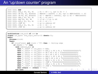 An “up/down counter” program
§
0000 0000: NOP
0000 0001: ADD_I R0, R1, #1 ; R1 - R0 + 1, eqv to R1 - 1
0000 0002: SW R0, R1, #0x8000 ; MEM(R0 + 0x8000) - R1, eqv to MEM(0x8000) - R1
0000 0003: LW R0, R2, #0x8000 ; R2 - MEM(R0 + 0x8000), eqv to R2 - MEM(0x8000)
0000 0004: AND_I R2, R2, #1 ; R2 - R2 and 1
0000 0005: BEQ R0, R2, #8 ; if R2 = 0 go to #8
0000 0006: ADD_I R1, R1, #1 ; R1 - R1 + 1
0000 0007: JUMP #2 ; go to address #2
0000 0008: SUB_I R1, R1, #1 ; R1 - R1 - 1
0000 0009: JUMP #2 ; go to address #2
¦ ¥
§
architecture rom_arch of rom is
signal out_byte: std_logic_vector(31 downto 0);
begin
process(clock)
begin
if (clock’event and clock = ’0’) then -- falling edge
if nMemRd = ’0’ then
case address_bus is
when ..0000 = out_byte = NOP;
when ..0001 = out_byte = ADD_I  R0  R1  0000000000000001;
when ..0010 = out_byte = SW  R0  R1  1000000000000000;
when ..0011 = out_byte = LW  R0  R2  1000000000000000;
when ..0100 = out_byte = AND_I  R2  R2  0000000000000001;
when ..0101 = out_byte = BEQ  R0  R2  0000000000001000;
when ..0110 = out_byte = ADD_I  R1  R1  0000000000000001;
when ..0111 = out_byte = JUMP  00000000000000000000000010;
when ..1000 = out_byte = SUB_I  R1  R1  0000000000000001;
when ..1001 = out_byte = JUMP  00000000000000000000000010;
when others = (others = ’Z’);
end case;
else
out_byte = (others = ’Z’);
Corrado Santoro A VHDL SoC
 