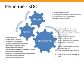 9
Решение	- SOC
Технологии
Процессы
Люди
• 1я	линия	(обнаружение)
• 2я	линия	(расследование	и	реагирование)
• 3я	линия	(экспертная	поддержка,	
руководство,	юр.вопросы)
Технологии,	обеспечивающие:
• Взаимодействие	персонала
• Инвентаризацию	ИС	и	контроль	
конфигурации
• Выявление	уязвимостей
• Анализ	событий	ИБ
• Учет	и	обработку	 инцидентов
• Управления	знаниями
• Анализ	кода	(прикладное	ПО,	
вредоносное	ПО)
• Сбор	цифровых	доказательств
• СЗИ	(МСЭ,	IPS,	DLP,	Sandbox,	и	
пр.)
• …
• Инвентаризация	
• Анализ	угроз	/	рисков
• Выявление	уязвимостей	
• Тестирование	на	проникновение	
• Контроль	устранения	ранее	
выявленных	уязвимостей	
• Контроль	выполнения	требований	(аудит)
• Анализ	кода	приложений
• Обучение	и	повышение	осведомленности
• Управление	событиями	ИБ
• Управление	инцидентами
• ...
 