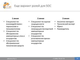 solarsecurity.ru +7	
  (499)	
  755-­‐07-­‐70
Еще	
  вариант	
  ролей	
  для	
  SOC	
  
13
1	
  линия 2	
  линия 3	
  линия
• Специалист	
  по	
  
взаимодействию	
  с	
  
персоналом	
  и	
  
пользователями	
  
• Специалист	
  по	
  
обнаружению	
  
компьютерных	
  атак	
  и	
  
инцидентов	
  
• Специалист	
  по	
  
обслуживанию	
  
технических	
  средств
• Специалист	
  по	
  оценке	
  
защищенности	
  
• Специалист	
  по	
  
ликвидации	
  последствий	
  
компьютерных	
  
инцидентов	
  
• Специалист	
  по	
  
установлению	
  причин	
  
компьютерных	
  
инцидентов	
  
• Аналитик-­‐методист	
  
• Технический	
  эксперт	
  
• Юрист
• Руководитель
 