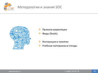 solarsecurity.ru +7	
  (499)	
  755-­‐07-­‐70
Методологии	
  и	
  знания	
  SOC
20
v Правила	
  корреляции	
  
v Фиды (feeds)	
  
v Инструкции	
  и	
  памятки
v Учебные	
  материалы	
  и	
  стенды
 