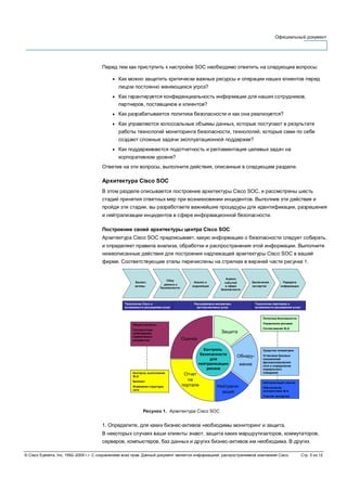 Официальный документ
© Cisco Systems, Inc, 1992–2006 г.г. С сохранением всех прав. Данный документ является информацией, распространяемой компанией Cisco. Стр. 5 из 12
Перед тем как приступить к настройке SOC необходимо ответить на следующие вопросы:
● Как можно защитить критически важные ресурсы и операции наших клиентов перед
лицом постоянно меняющихся угроз?
● Как гарантируется конфиденциальность информации для наших сотрудников,
партнеров, поставщиков и клиентов?
● Как разрабатывается политика безопасности и как она реализуется?
● Как управляются колоссальные объемы данных, которые поступают в результате
работы технологий мониторинга безопасности, технологий, которые сами по себе
создают сложные задачи эксплуатационной поддержки?
● Как поддерживаются подотчетность и регламентация целевых задач на
корпоративном уровне?
Ответив на эти вопросы, выполните действия, описанные в следующем разделе.
Архитектура Cisco SOC
В этом разделе описывается построение архитектуры Cisco SOC, и рассмотрены шесть
стадий принятия ответных мер при возникновении инцидентов. Выполнив эти действия и
пройдя эти стадии, вы разработаете важнейшие процедуры для идентификации, разрешения
и нейтрализации инцидентов в сфере информационной безопасности.
Построение своей архитектуры центра Cisco SOC
Архитектура Cisco SOC предписывает, какую информацию о безопасности следует собирать,
и определяет правила анализа, обработки и распространения этой информации. Выполните
нижеописанные действия для построения надлежащей архитектуры Cisco SOC в вашей
фирме. Соответствующие этапы перечислены на стрелках в верхней части рисунка 1.
Бизнес-
активы
Сбор
данных о
безопасности
Анализ и
корреляция
Анализ
событий
в сфере
безопасности
Заключение
экспертов
Передача
информации
Технологии Cisco и
возможности расширения услуг
Расширяемые механизмы
аутсорсинговых услуг
Технологии партнеров и
возможности расширения услуг
Общий контроль
Соответствие
требованиям
нормативных
документов
Контроль выполнения
SLA
Биллинг
Изменение структуры
сети
Политика безопасности
Управление рисками
Согласование SLA
Нейтрализация рисков
Обеспечение
соответствия SLA
Участие экспертов
Защита
Контроль
безопасности
для
нейтрализации
рисков
Обнару-
жение
Нейтрали-
зация
Отчет
на
портале
Оценка
Средства телеметрии
Установка базовых
показателей
функционирования
сети и определение
нормального
поведения
Рисунок 1. Архитектура Cisco SOC
1. Определите, для каких бизнес-активов необходимы мониторинг и защита.
В некоторых случаях ваши клиенты знают, защита каких маршрутизаторов, коммутаторов,
серверов, компьютеров, баз данных и других бизнес-активов им необходима. В других
 