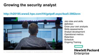 © Copyright 2013 Hewlett-Packard Development Company, L.P. The information contained herein is subject to change without notice.10
Growing the security analyst
http://h20195.www2.hpe.com/V4/getpdf.aspx/4aa5-3982enn
Job roles and skills
definition
Grow your own analysts
Skills assessments
Analyst development
Operational metrics
Retention
Schedule
Ongoing Training
 
