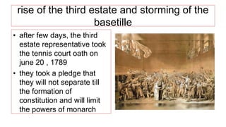 rise of the third estate and storming of the
basetille
• after few days, the third
estate representative took
the tennis court oath on
june 20 , 1789
• they took a pledge that
they will not separate till
the formation of
constitution and will limit
the powers of monarch
 
