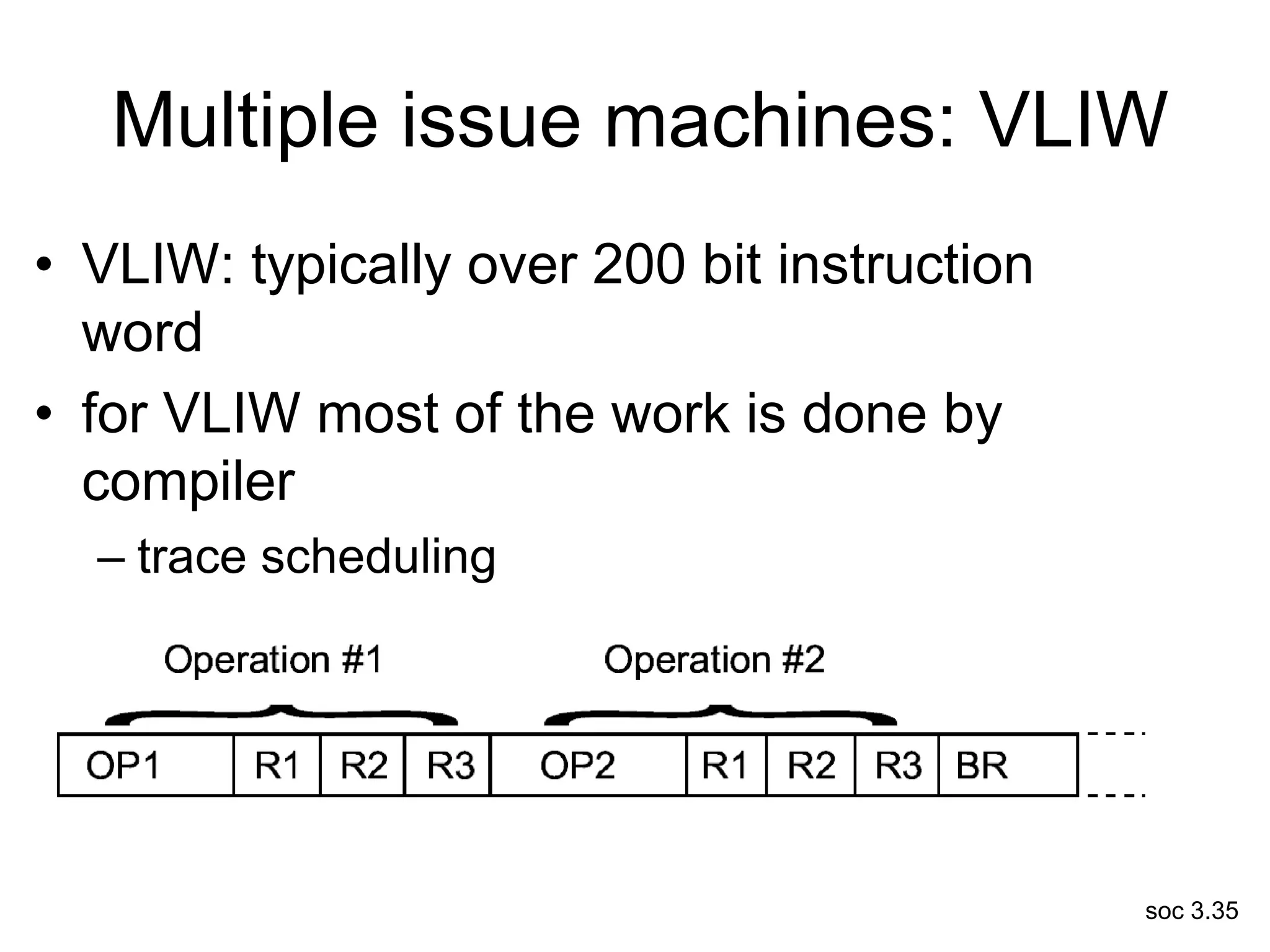 soc 3.35
Multiple issue machines: VLIW
• VLIW: typically over 200 bit instruction
word
• for VLIW most of the work is done by
compiler
– trace scheduling
 