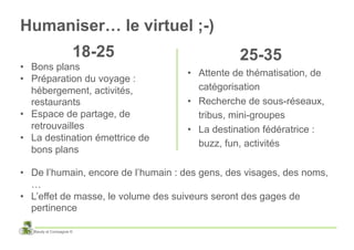 Humaniser… le virtuel ;-)
                      18-25                      25-35
•  Bons plans
                                     •  Attente de thématisation, de
•  Préparation du voyage :
   hébergement, activités,              catégorisation
   restaurants                       •  Recherche de sous-réseaux,
•  Espace de partage, de                tribus, mini-groupes
   retrouvailles                     •  La destination fédératrice :
•  La destination émettrice de
                                        buzz, fun, activités
   bons plans

•  De l’humain, encore de l’humain : des gens, des visages, des noms,
   …
•  L’effet de masse, le volume des suiveurs seront des gages de
   pertinence

   Baudy et Compagnie ©
 