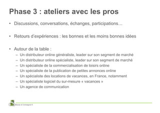Phase 3 : ateliers avec les pros
•  Discussions, conversations, échanges, participations…

•  Retours d’expériences : les bonnes et les moins bonnes idées

•  Autour de la table :
   –    Un distributeur online généraliste, leader sur son segment de marché
   –    Un distributeur online spécialiste, leader sur son segment de marché
   –    Un spécialiste de la commercialisation de loisirs online
   –    Un spécialiste de la publication de petites annonces online
   –    Un spécialiste des locations de vacances, en France, notamment
   –    Un spécialiste logiciel du sur-mesure « vacances »
   –    Un agence de communication



   Baudy et Compagnie ©
 