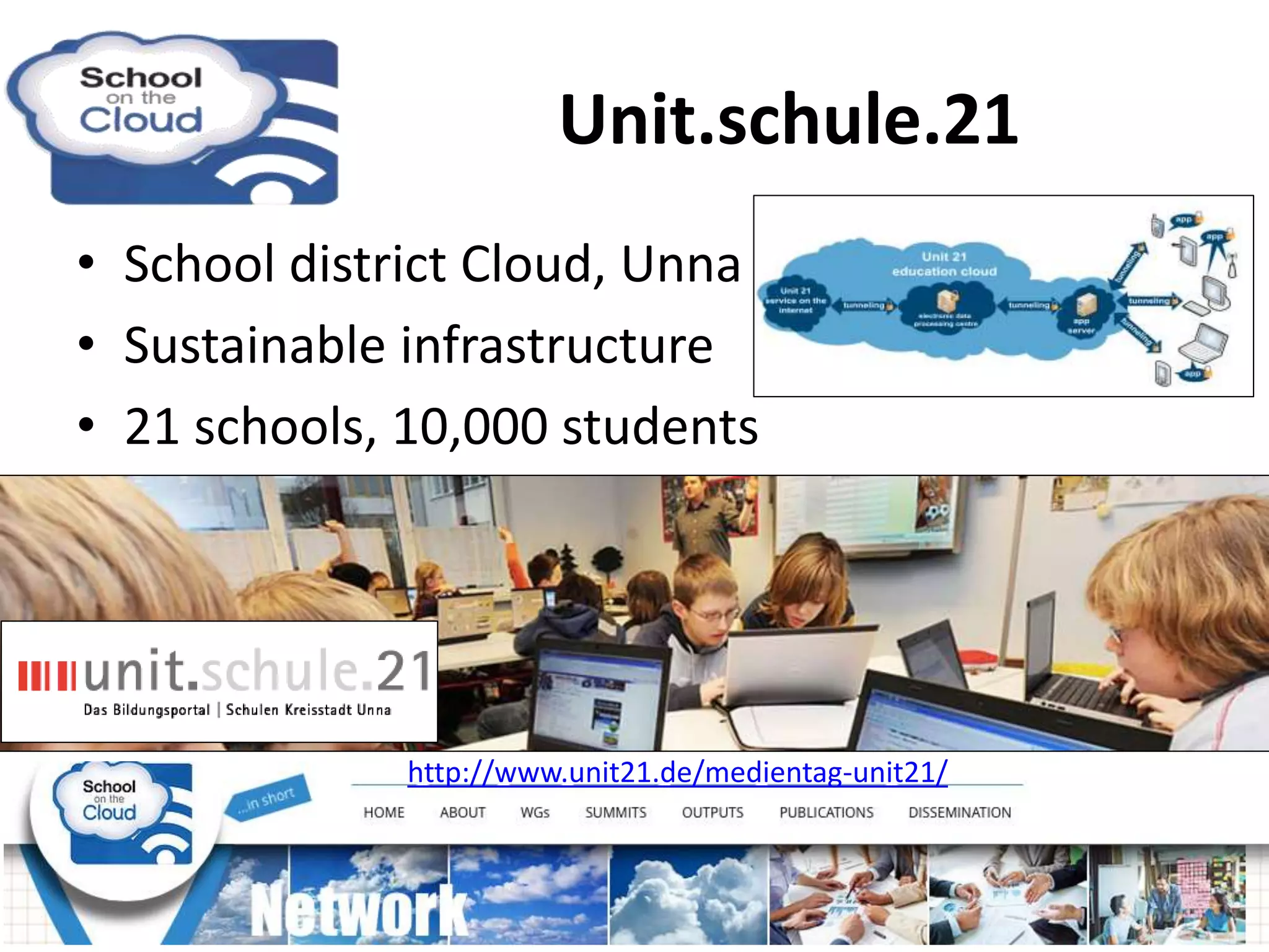 • School district Cloud, Unna
• Sustainable infrastructure
• 21 schools, 10,000 students
http://www.unit21.de/medientag-unit21/
Unit.schule.21
 