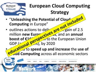 European Cloud Computing
Strategy
• ”Unleashing the Potential of Cloud
Computing in Europe”
• outlines actions to deliver ...