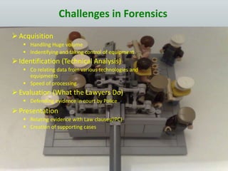 Acquisition
 Handling Huge volume
 Indentifying and taking control of equipment
Identification (Technical Analysis)
 Co relating data from various technologies and
equipments
 Speed of processing
Evaluation (What the Lawyers Do)
 Defending evidence in court by Police
Presentation
 Relating evidence with Law clauses(IPC)
 Creation of supporting cases
Challenges in Forensics
 