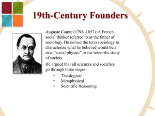 19th-Century Founders
Auguste Comte (1798–1857): A French
social thinker referred to as the father of
sociology. He coined the term sociology to
characterize what he believed would be a
new “social physics” or the scientific study
of society.
He argued that all sciences and societies
go through three stages:
• Theological
• Metaphysical
• Scientific Reasoning
 