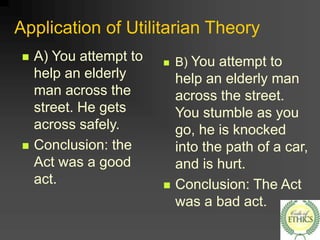 Application of Utilitarian Theory
 A) You attempt to
help an elderly
man across the
street. He gets
across safely.
 Conclusion: the
Act was a good
act.
 B) You attempt to
help an elderly man
across the street.
You stumble as you
go, he is knocked
into the path of a car,
and is hurt.
 Conclusion: The Act
was a bad act.
 