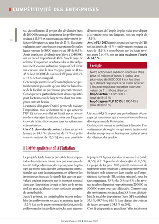 ❚ compé titivité de s ent reprise s



     tal. Actuellement, il perçoit des dividendes bruts           d’exonération de l’impôt de plus-value pour départ
     de 200 0 00 euros qui supportent des prélèvements            à la retraite pour un dirigeant, soit un impôt de
24   sociaux à 15,5 % et sont soumis au prélèvement for-          15,5 %.
     faitaire libératoire au taux fixe de 21 %. Il acquitte       Avec le PLF 2013 : impôt soumis au barème de l’IR
     également une contribution exceptionnelle sur les            soit un impôt de 45 % + prélèvements sociaux au
     hauts revenus de 3 0 00 euros et un ISF de 0,5 %.            taux de 15,5 % + contribution sur les hauts reve-
     Après impôt, son dividende net s’élève à 104 000 €,          nus entre 3 et 4 %, soit un taux maximum d’impôt
     soit un taux d’imposition de 48 %. Avec le projet de         de 64,5 %.
     réforme, l’imposition des dividendes va être obliga-
     toirement soumise au barème progressif de l’impôt              Exemple
     sur le revenu dont le taux marginal passe de 41 % à
                                                                    Notre actionnaire médecin vend ses titres
     45 % dès 150 000 € de revenus ; l’ISF passe de 0,5 %
                                                                    pour 16 millions d’euros. Il réalise une
     à 1,5 % de taux marginal.                                      plus-value de 5 000 000 € sur les titres
     Cet exemple montre les effets multiplicateurs par-             qu’il détient depuis plus de trente ans car
     ticulièrement puissants qu’une réforme hasardeu-               il les avait reçus par donation pour une
     se de la fiscalité du patrimoine pourrait entraîner.           valeur de 11 millions d’euros.
     Conséquences particulièrement décourageantes                   Impôt actuel : 1 725 000 €
     pour l’actionnariat de long terme dont nos entre-              (taux de 34,5 %)
     prises ont tant besoin.                                        Impôt après PLF 2013 : 3 193 143 €
     L’existence d’un pacte Dutreil permet de modérer               (taux de 63,8 %)
     l’imposition, mais seulement en ce qui concerne
     l’ISF. Et surtout cet effet est limité aux actionnai-        Un taux à 63,8 % ne peut que profondément décou-
     res des entreprises familiales, alors que l’augmen-          rager cet investisseur qui a toute sa vie contribué au
     tation de la fiscalité concerne tous les actionnaires        développement de l’entreprise.
     et investisseurs.                                            En clair, cette mesure va contribuer à dissuader l’in-
     Cas n° 2 : plus-values de cession. Le taux est actuel-       vestissement de long terme qui assure la pérennité
     lement de 34,5 % (plus-value de 19 % et prélè-               dont les entreprises ont besoin pour croître et créer
     vements sociaux de 15,5 %) avec une possibilité              durablement des emplois.


     ❙ L’effet spoliateur dû à l’inflation
     Le projet de loi de finances prévoit de taxer les plus-      té jusqu’à 19 % pour les valeurs à revenu fixe (total :
     values financières au même taux que les revenus du           34,5 %) et 21 % pour les dividendes (total : 36,5 %).
     travail. Indépendamment de ce qu’on pense du prin-           Le projet de loi pour 2013 prévoit maintenant de
     cipe lui-même ainsi que des comparaisons interna-            supprimer toute possibilité d’option au prélèvement
     tionales qui sont dramatiquement en défaveur des             forfaitaire et de soumettre dans tous les cas l’impo-
     investisseurs français, le simple fait que ces plus-         sition au barème de l’IR, soit (en principe), pour les
     values seraient imposées sur le montant nominal              taux marginaux, 45 % plus 3 % ou 4 % si les reve-
     alors que l’imposition devrait se faire sur le revenu        nus taxables dépassent respectivement 250 000 ou
     réel, ne peut qu’aboutir à une spoliation complète           500 0 00 euros pour un célibataire. Compte tenu
     du contribuable.                                             des prélèvements sociaux, dont 5,8 % sont déducti-
     Jusqu’à présent, les contribuables étaient redeva-           bles, le total des impositions (hors ISF) atteindrait
     bles des prélèvements sociaux au nouveau taux de             57,9 %, 60,7 % ou 61,6 % dans chacun des trois cas
     15,5 % fixé par le gouvernement précédent, puis du           de figure, comparé à 34,5 % en 2012.
     prélèvement forfaitaire libératoire, lui aussi augmen-       C’est là qu’apparaît au grand jour l’effet totalement


                                       Société Civile n° 128  ❚  Octobre 2012
 