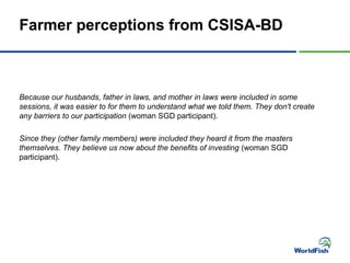 Merging the social with the technical: Using a gender transformative approach in smallholder aquaculture development in Bangladesh