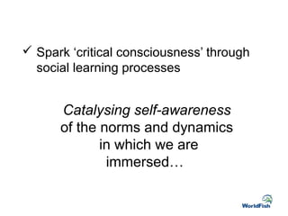  Spark ‘critical consciousness’ through
social learning processes
Catalysing self-awareness
of the norms and dynamics
in which we are
immersed…
 